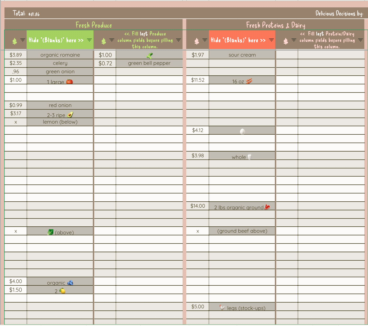 Hiding blank rows on a digital meal planner.