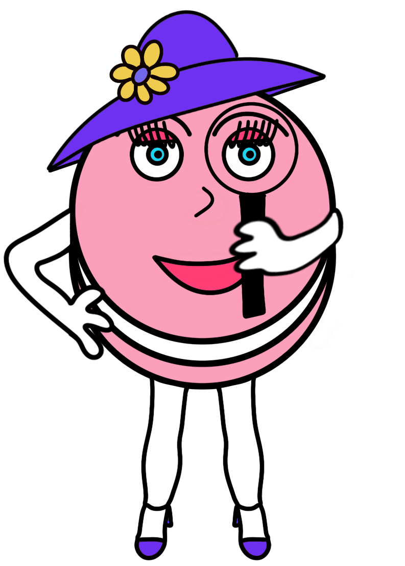 Margot Macaron, dessert detective Macaron wearing a hat and holding a magnifying glass