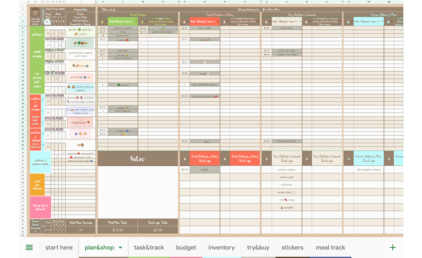 hide blank rows on digital meal planner