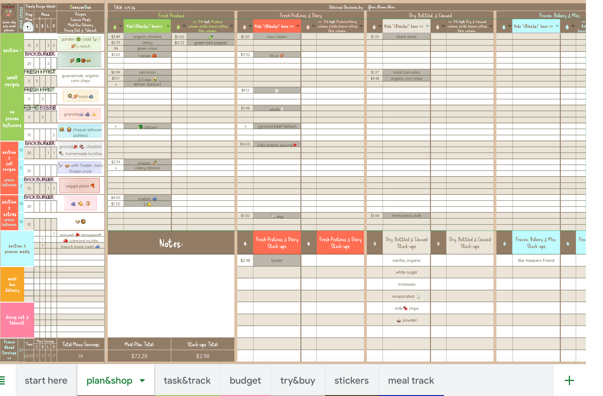 Digital meal planner mix & match scratch pad.